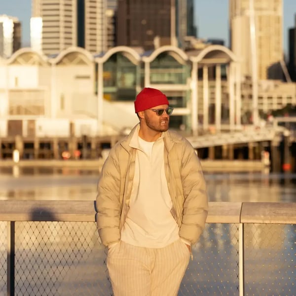 Man in Auckland overlooking Wynyard Quarter