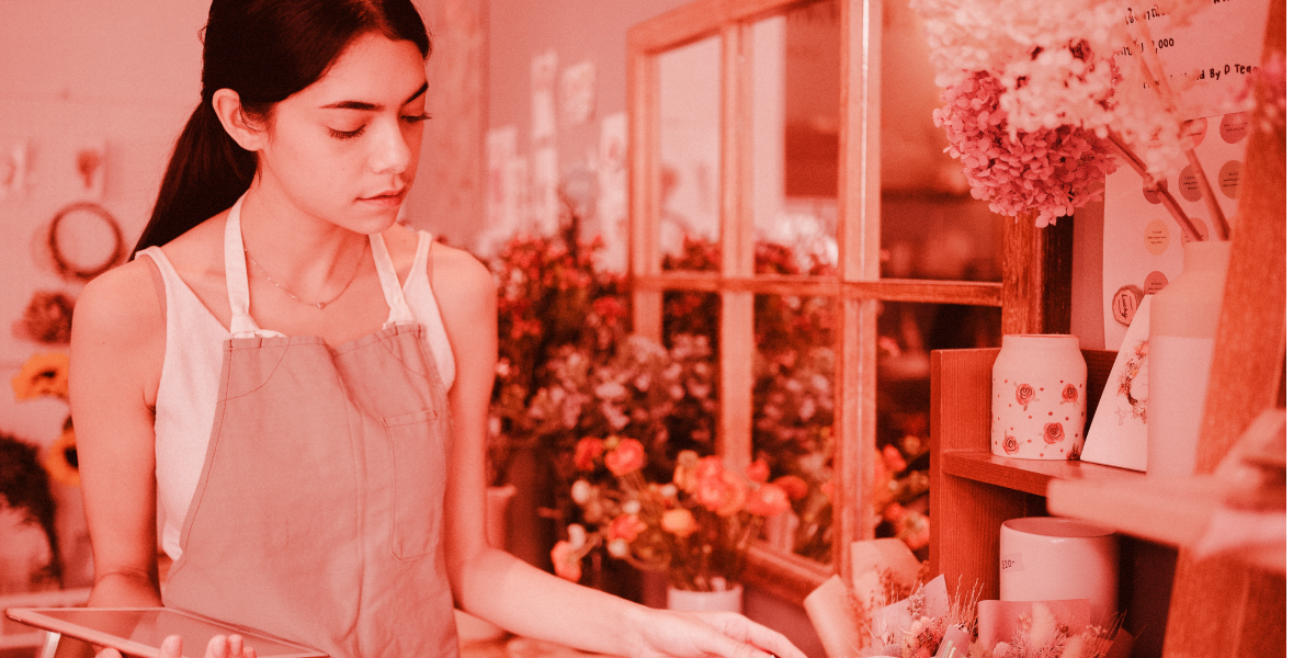 Small business owner looking for a home loan, red tone overlay 